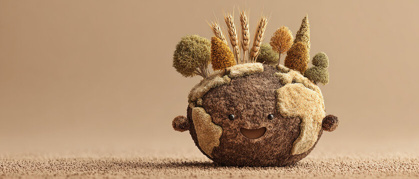 Smiling globe character with trees and wheat, symbolizing sustainability and environmental care on a neutral background.