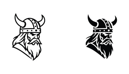Viking warrior head with horned helmet and long beard in black and white line art and solid silhouette style for mascot or character design © Serene