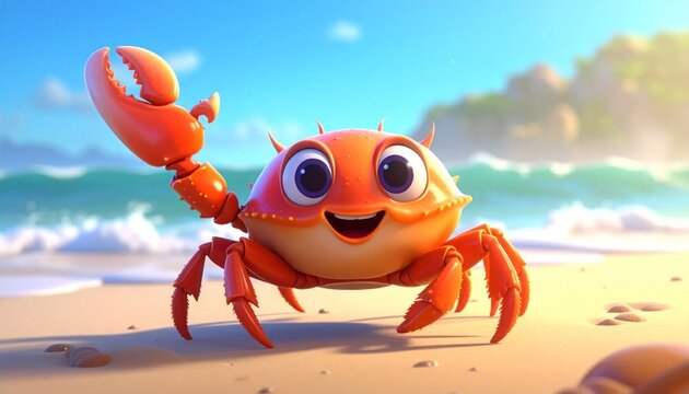 Cute Cartoon Crab Waving Hello on a Sunny Beach.