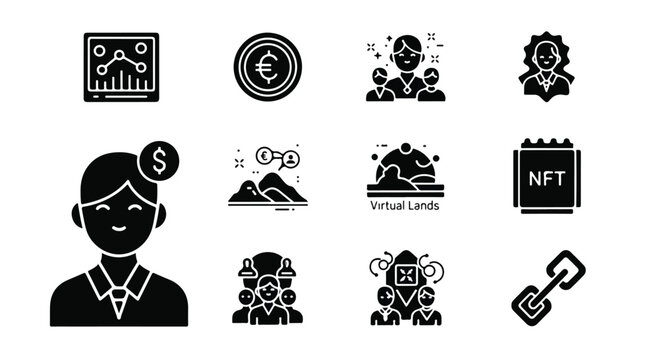 Metaverse and NFT solid icon set, 11 digital economy vector elements, cryptocurrency and virtual land symbols for blockchain technology