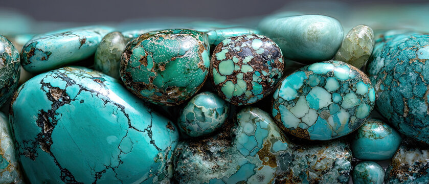 Close-up of natural turquoise stones with vibrant blue and green hues, showcasing unique patterns and texture, ideal for jewelry or nature-themed designs.
