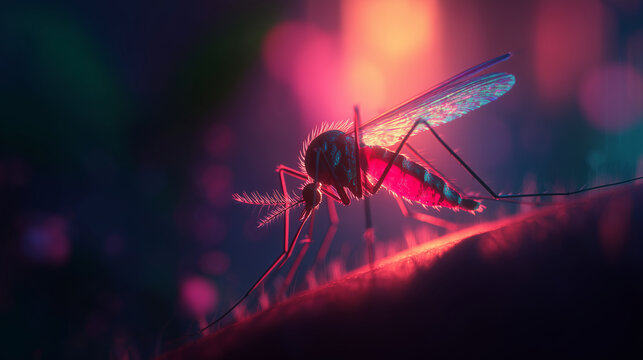 Ultra macro mosquito feeding on human skin with glowing red abdomen for disease transmission concepts, medical research and dangerous insect infestation themes