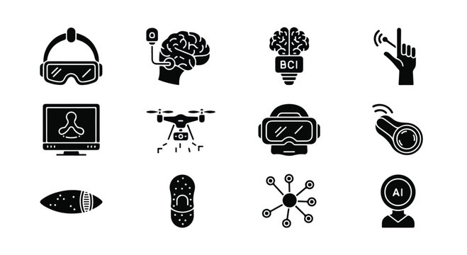 Future technology icons set, 12 black solid vector symbols of artificial intelligence and virtual reality, brain computer interface and drone icons