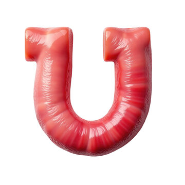 A single red gummy letter U shape, often used as a creative element or decorative object