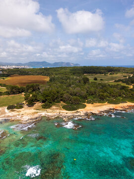 Aerial view of the rocky coastline and turquoise Mediterranean waters bordering a lush green forest in Sa Coma, Balearic Islands, Spain.