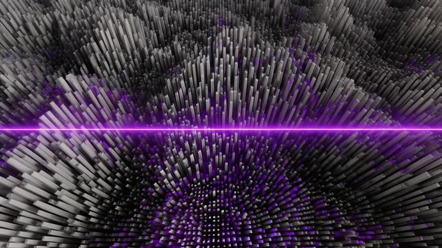 Abstract digital landscape featuring rhythmic motion of rising and falling geometric pillars illuminated by a single glowing purple laser beam moving across the entire dark surface