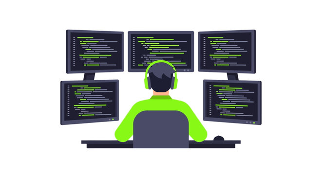 Software Developer Programmer Working with Multi-Monitor Setup, Flat Vector Illustration of Coder at Desk with Coding Screens and Headphones
