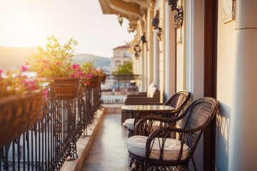 Obraz premium Boutique Hotel Balcony with Outdoor Seating, Warm Sunrise or Sunset Light and Premium Travel-Focused Interior for Editorial and Commercial Use