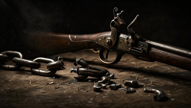 musket. Broken chains beside an old musket, symbolic composition representing freedom. event programs, museum guides, designed for cultural heritage projects and event programs.