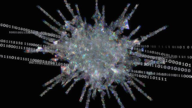 Crystal prism shards exploding through binary code streams creating a dynamic digital impact effect in this high quality 4k motion graphics sequence for modern tech projects