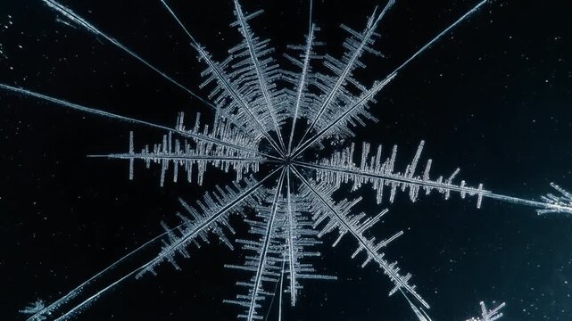 Macro time lapse of a beautiful complex ice snowflake crystal forming and growing in freezing temperatures captured with high resolution cinematic 4k digital video technology