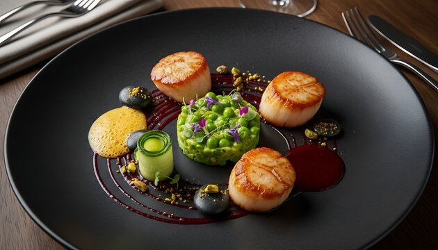Seared Scallops with Vibrant Green Medley on Black Plate