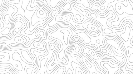 Topographic map pattern with thin grey contour lines on a white background representing elevation levels and terrain shapes in a repeating abstract style for cartography and geography themes © VxGFX