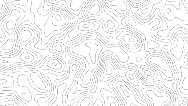 Topographic map pattern with thin grey contour lines on a white background representing elevation levels and terrain shapes in a repeating abstract style for cartography and geography themes