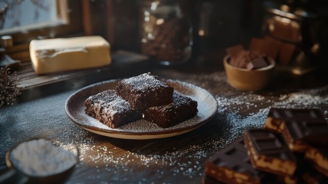 Homemade chocolate brownies on a plate dusted with powdered sugar, surrounded by baking ingredients.