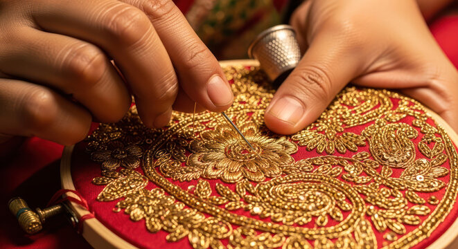 Intricate Zardozi Embroidery A Skilled Artisans Detailed Handwork.