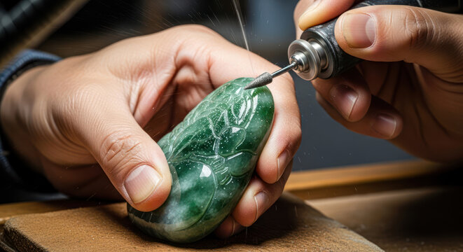 Jade Carving Crafting Intricate Designs with Precision Tools.