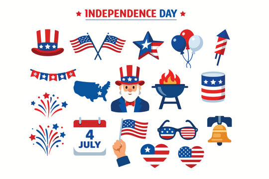 Patriotic Independence Day vector icons with American flag fireworks Liberty Bell Uncle Sam and festive celebration elements