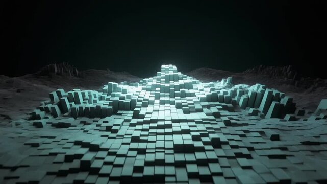 Abstract digital landscape featuring glowing rhythmic rising and falling cubes creating a dynamic surface motion in this high quality seamless loop for modern visual technology projects
