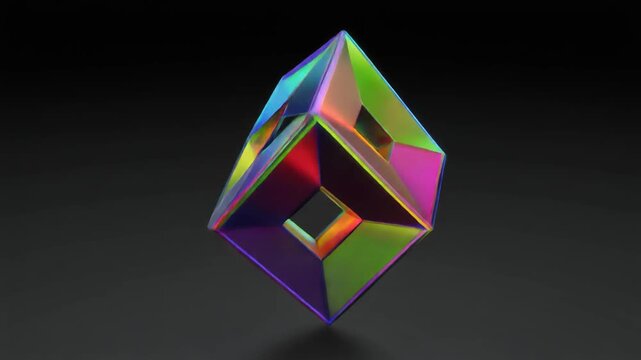 Iridescent geometric cube rotating slowly in a seamless loop creating a hypnotic visual effect with vibrant colors and smooth motion for modern digital design project presentations