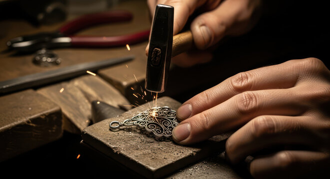 Jeweler meticulously crafting intricate metalwork with hammer and tools.