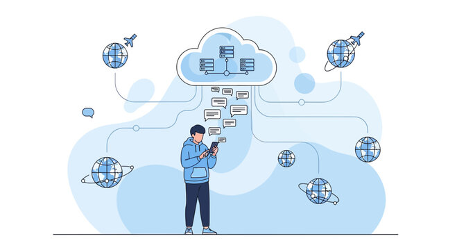 Cloud Computing Network Connection with Person using Smartphone and Globe Icons.