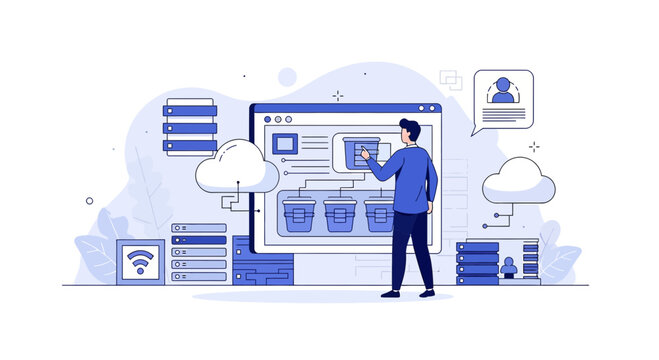 Cloud Computing, Network, Data Management, Person at Computer, IT Technology