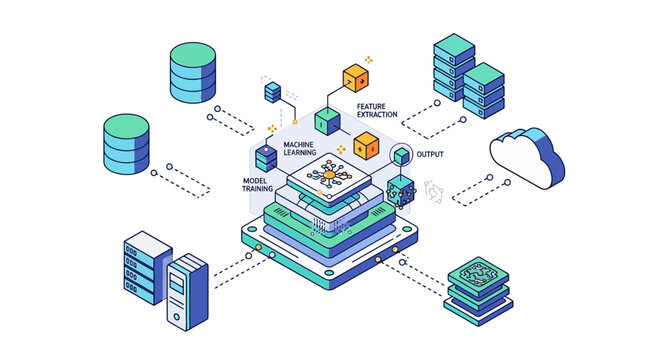 An illustration depicts a layered machine learning model with various data inputs and outputs surrounding it.