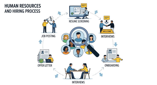 Human resources team conducts interviews and hiring process with onboarding