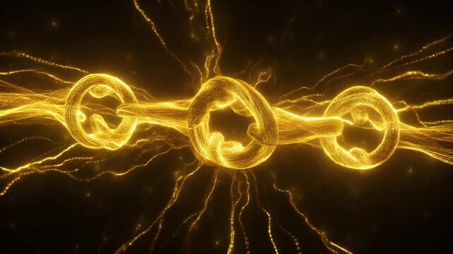 Glowing golden chain links connected together in a continuous loop pattern creating a dynamic energy flow effect with shimmering particles moving through the digital space sequence