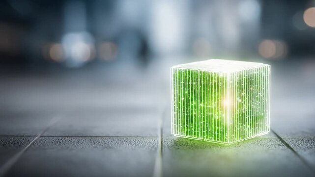 Glowing Data Cube: A luminous, transparent cube constructed from intricate circuitry and glowing green light rests on a textured surface, symbolizing advanced technology and digital innovation.