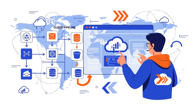 Cloud computing pipeline flowchart and graphic man interacting with digital interface