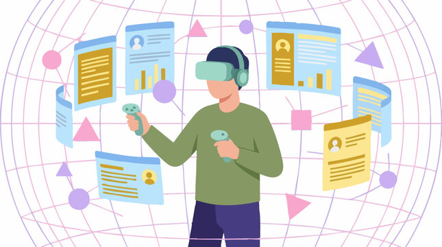 Man in VR headset interacting with virtual screens and metaverse data