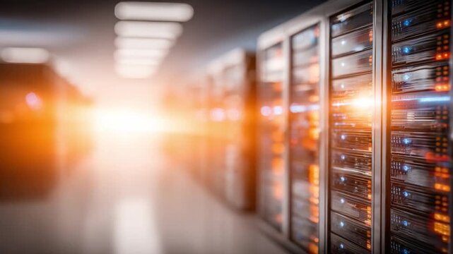 Server Room Glow: A sleek server room filled with rows of illuminated computer racks, casting a warm orange glow from a distant light source, symbolizing data and connectivity.