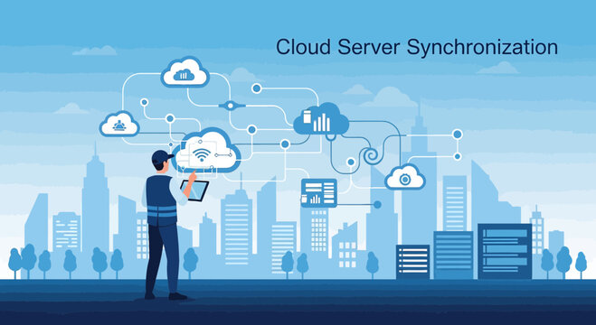 Cloud Computing Services Data Synchronization Cityscape Background