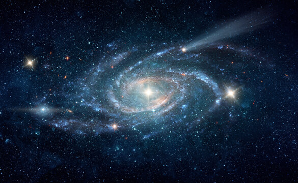 Spiral galaxy in deep space surrounded by stars and cosmic dust. Astronomical collage showing the structure of the universe, galaxies, star systems.  Elements of this image furnished by NASA.