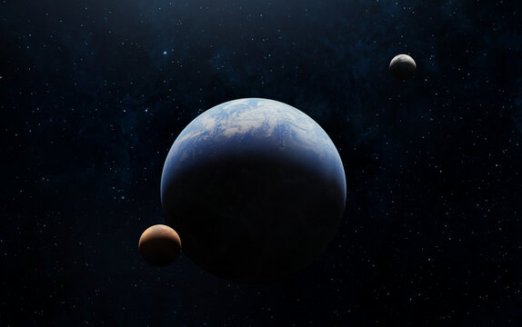 Panoramic view of the Earth, sun, star and planets solar system. Sunrise over planet Earth, view from space. Elements of this image furnished by NASA