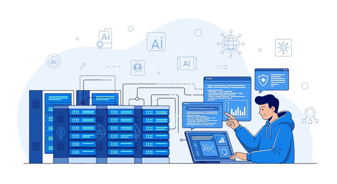 AI Data Center Technician Working with Server Racks and Laptop