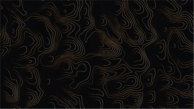 Abstract topographic map pattern with thin bronze wavy lines on a solid black background creating a flowing liquid texture effect