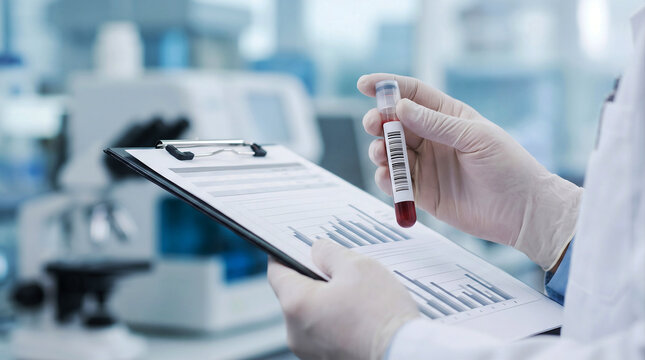 Laboratory Blood Sample Analysis with Medical Research Clipboard and Blurred Clinical Background