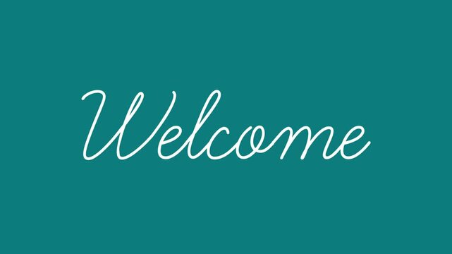 A close-up shot of the word 'Welcome' in white cursive script on a teal background with a clean white space below.