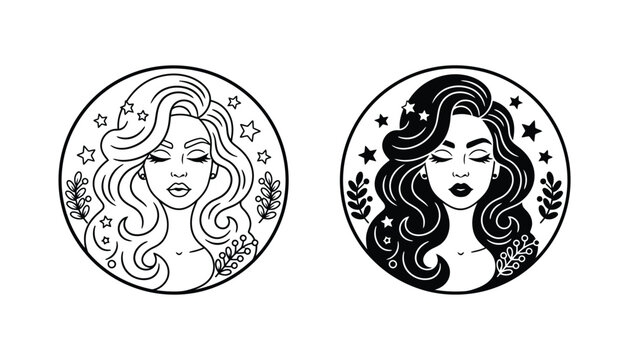 Female portrait silhouette in circular frame with stars and leaves decorative elements for beauty salon branding or wellness spa logo design vector illustration