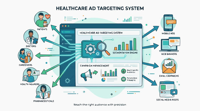 Healthcare Ad Targeting System: Visualize the Healthcare Ad Targeting System with connected elements like patients, doctors, subscribers, pharmaceuticals.