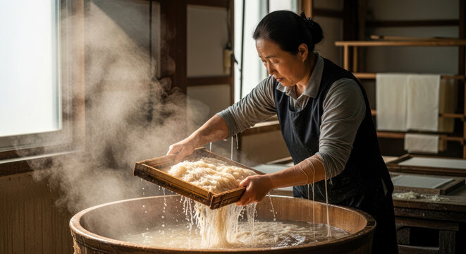 Traditional Japanese papermaking Woman crafting washi paper in a workshop.