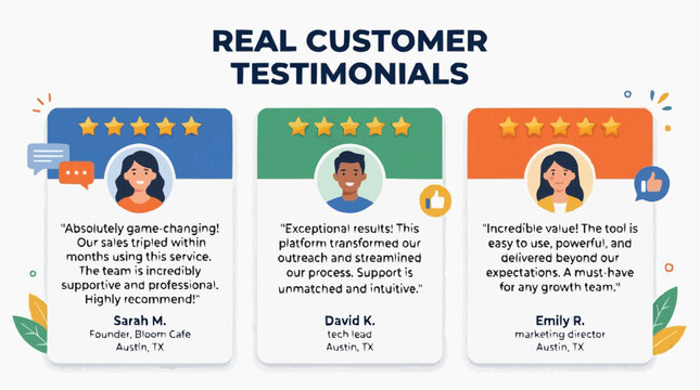 Customer Testimonials: Showcasing real customer experiences with an array of positive reviews, highlighting satisfaction and building trust.