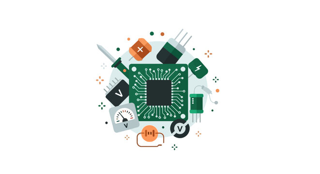 Electronics Engineering and Hardware Repair Illustration with Microchip, Multimeter, and Circuit Components on a White Background