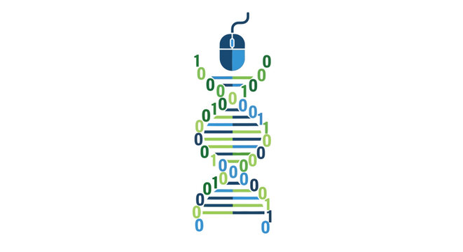 Bioinformatics and Digital Genetics Concept: DNA Double Helix Constructed from Binary Code and Computer Mouse representing Genomic Data Analysis