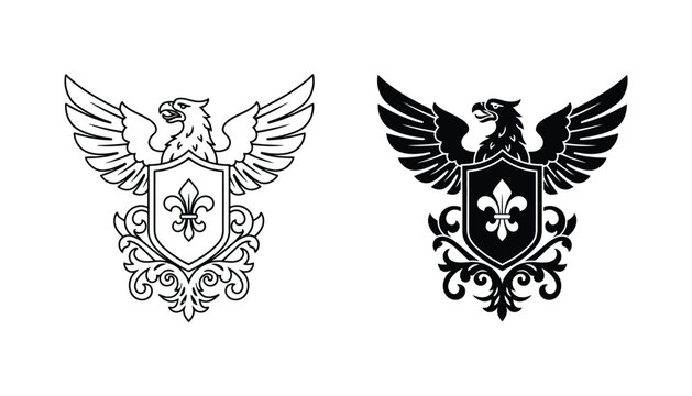 Eagle crest shield emblem logo design with fleur de lis symbol in linear and solid black silhouette styles for heraldic branding