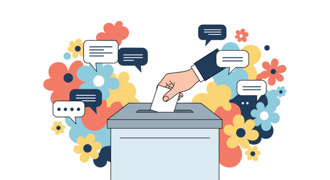 Democratic process illustrated by a hand casting a vote into a ballot box surrounded by colorful flowers and diverse opinions.