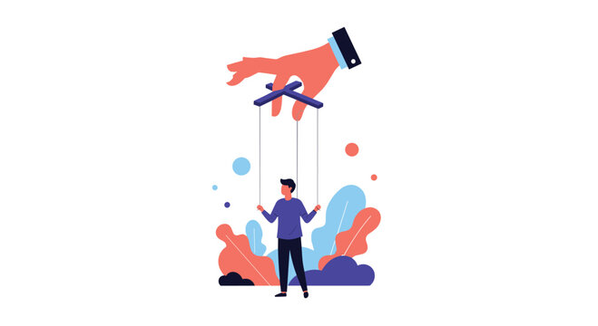 Conceptual illustration of a large hand manipulating a man like a marionette puppet symbolizing control influence and manipulation.
